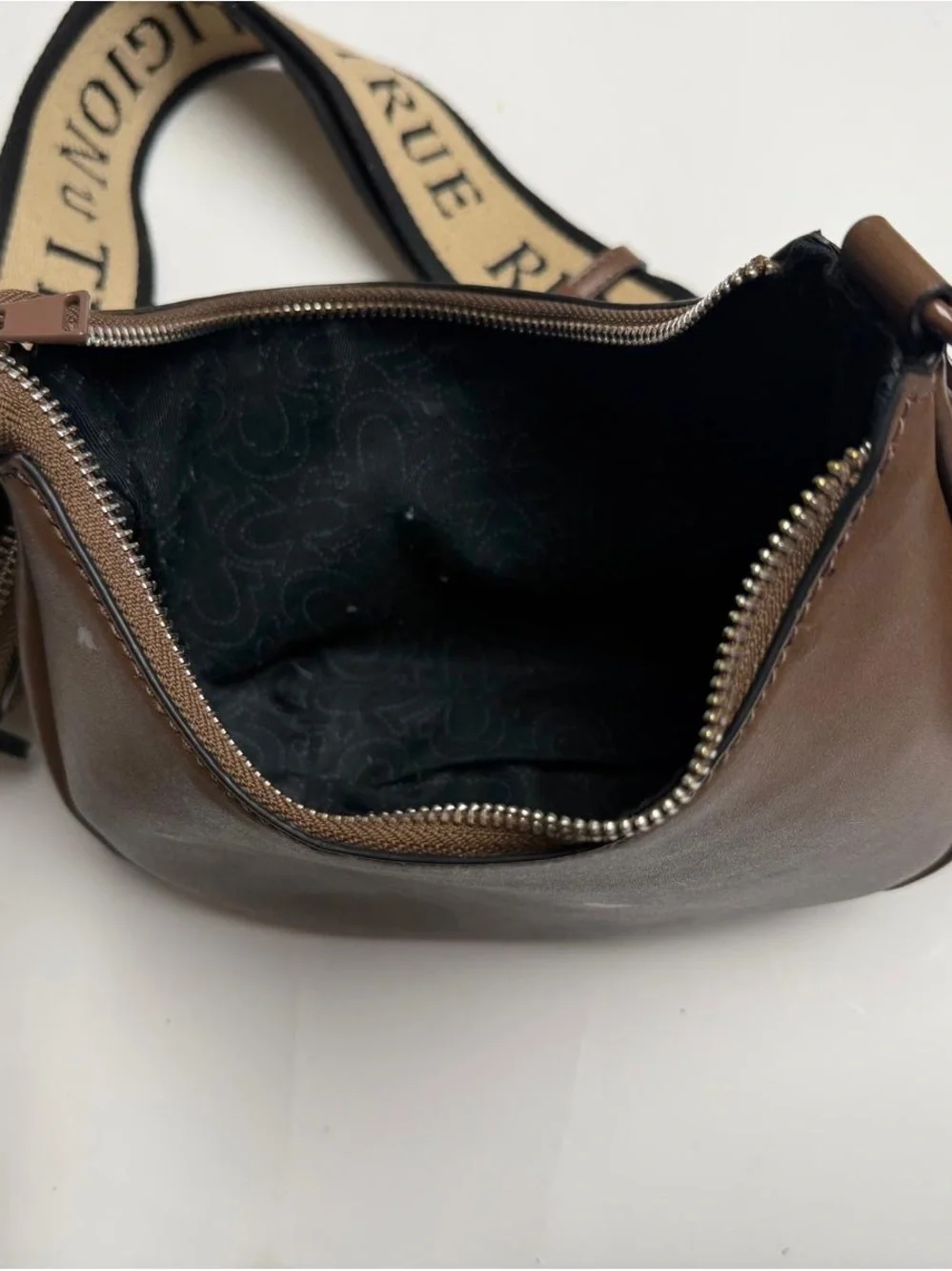 True religion Brown Leather Crescent Crossbody Bag with Detachable Strap